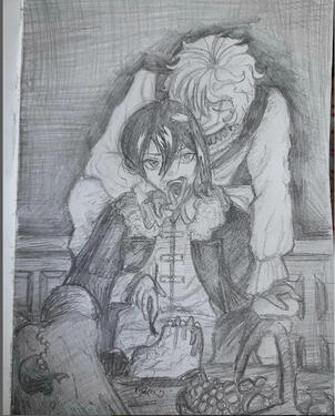 old trad art, 2 characters, top body, simple shaded.